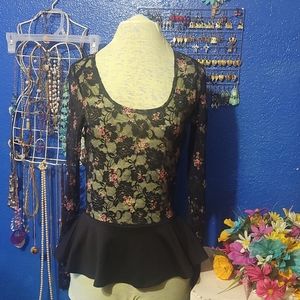 Sheer Lace Floral Top with Peplum by Deb Size Medium